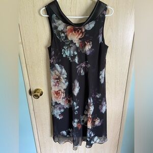 New SLNY Slinky Sheer Overlay Tuxedo Style BackCollar Open Back Flare Dress 10